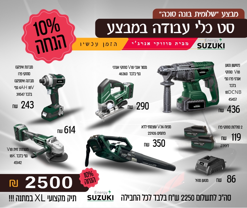 סט כלי עבודה מבית סוזוקי פטישון + מברגת אימפקט + 2 בטריות + מטען