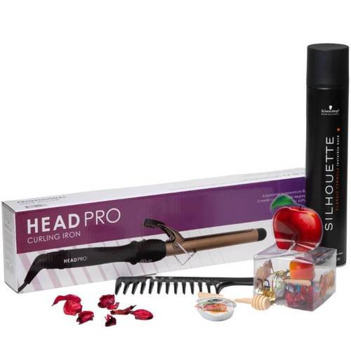 מארז חגיגי מסלסל שיער קרמי מקצועי HEAD PRO +ספריי שיער סילואט סופר שוורצקופף + מסרק רחב שיניים לתלתלים