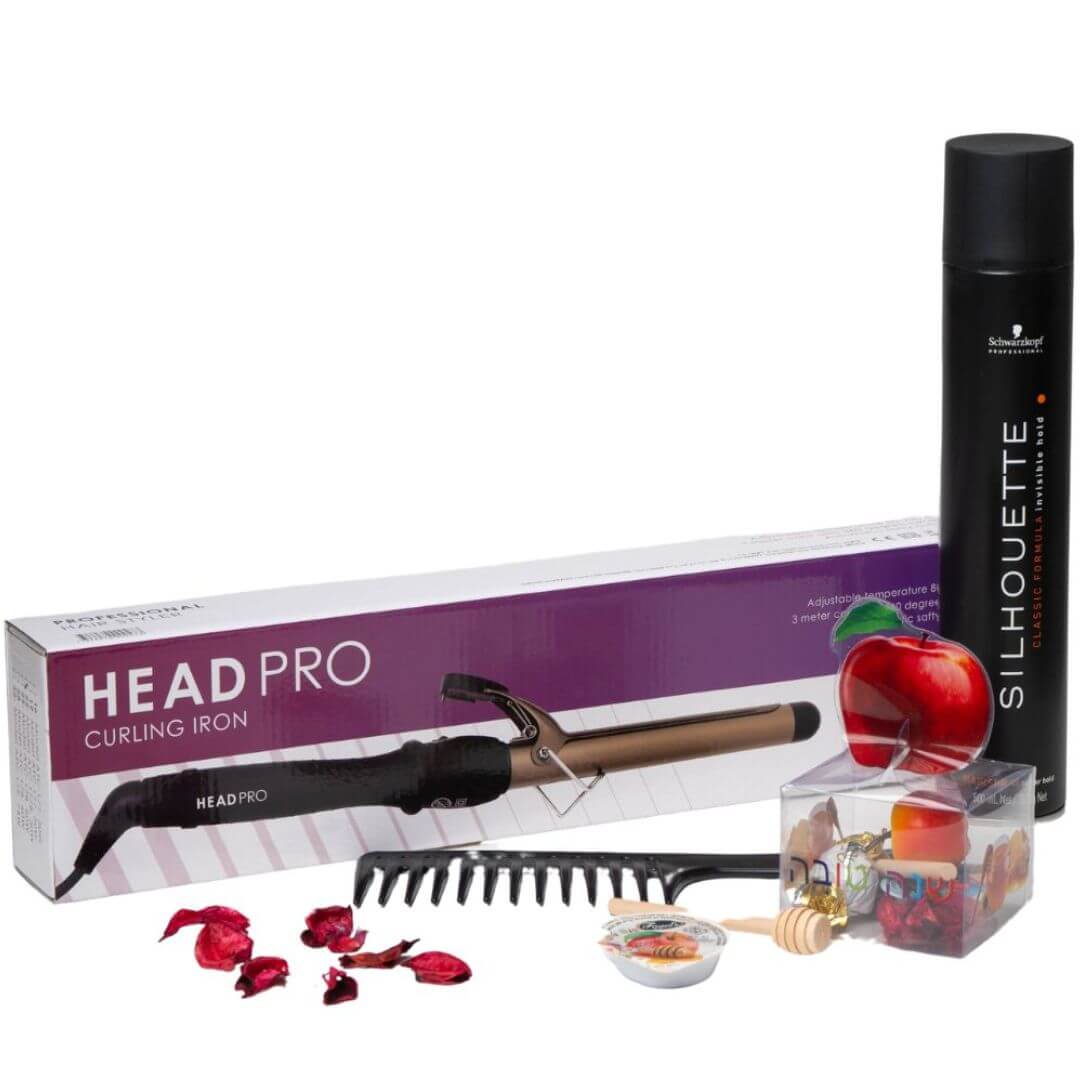 מארז חגיגי מסלסל שיער קרמי מקצועי HEAD PRO +ספריי שיער סילואט סופר שוורצקופף + מסרק רחב שיניים לתלתלים