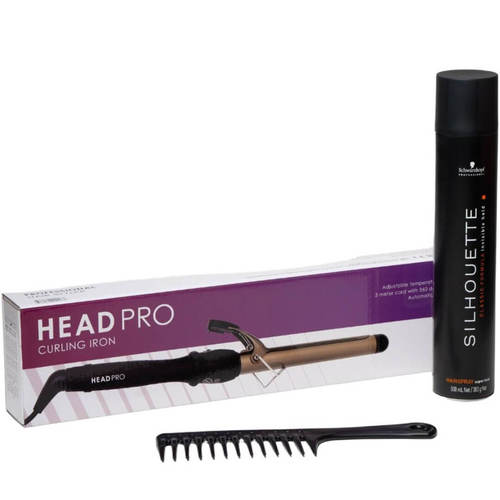 מארז חגיגי מסלסל שיער קרמי מקצועי HEAD PRO +ספריי שיער סילואט סופר שוורצקופף + מסרק רחב שיניים לתלתלים