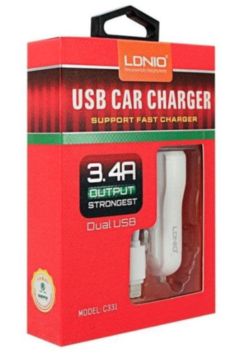 מטען מהיר USB לרכב 2 יציאות 3.4A+כבל אייפון C331