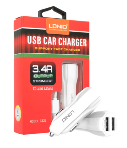 מטען מהיר USB לרכב 2 יציאות 3.4A+כבל אייפון C331