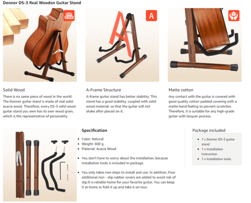 סטנד גיטרה אוניברסלי מעץ DS3 EC2020 מבית DONNER