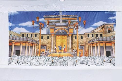 בד כותנה לסוכה דגם בית המקדש | במבחר גדלים לבחירה