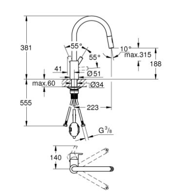 ברז מטבח נשלף 31486001 סדרת FEEL כרום GROHE 