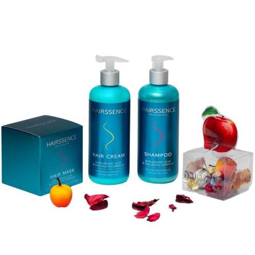 מארז חגיגי HAIRSSENCE  חומצה היאלורונית וקולגן שמפו+ מסכה+ קרם לשיער יבש, פגום וצבוע היירסנס