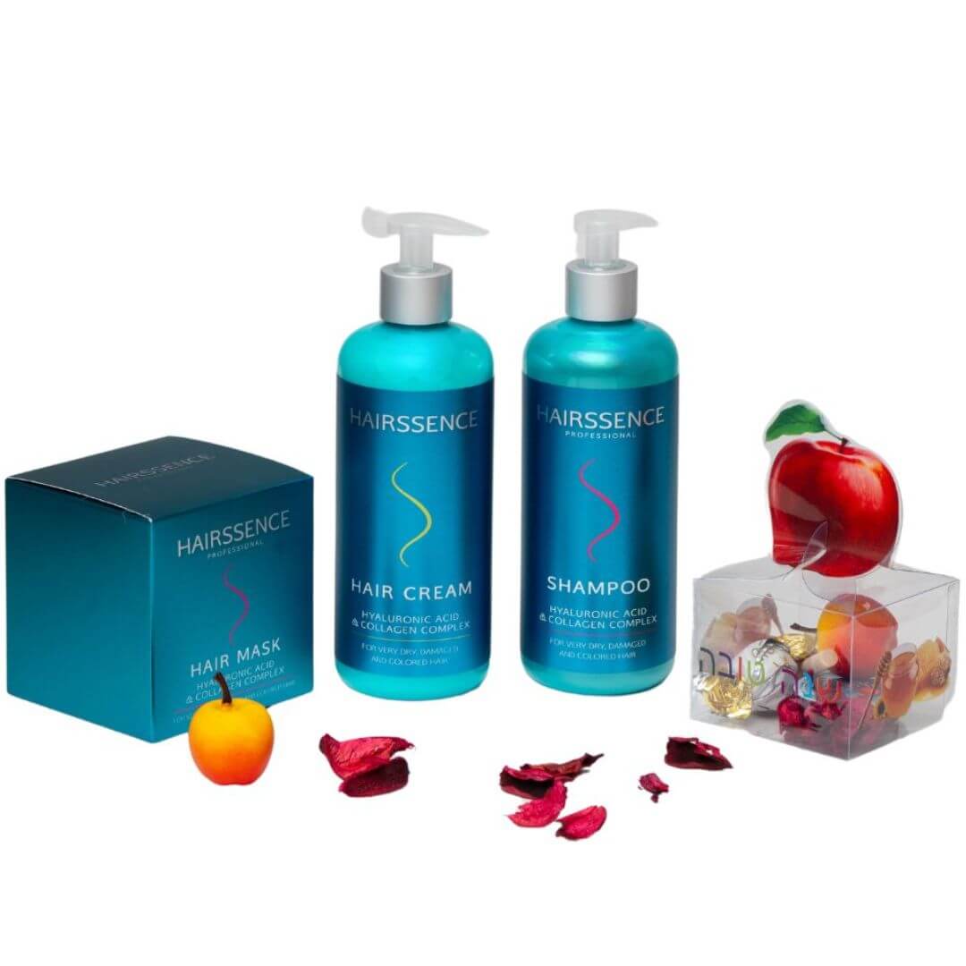 מארז חגיגי HAIRSSENCE  חומצה היאלורונית וקולגן שמפו+ מסכה+ קרם לשיער יבש, פגום וצבוע היירסנס