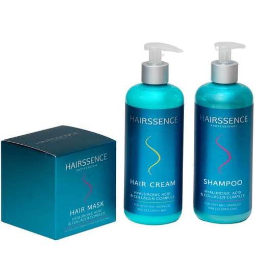 מארז חגיגי HAIRSSENCE  חומצה היאלורונית וקולגן שמפו+ מסכה+ קרם לשיער יבש, פגום וצבוע היירסנס