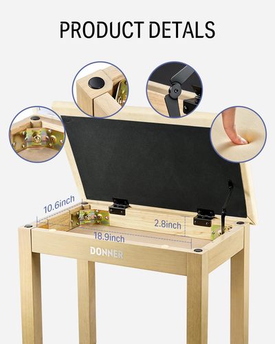 כסא פסנתר DKB10 בצבע חום בהיר EC6749 עם מושב קטיפה כולל תא איחסון מבית DONNER