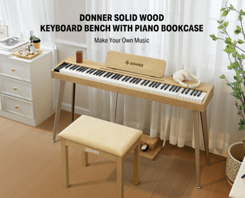 כסא פסנתר DKB10 בצבע חום בהיר EC6749 עם מושב קטיפה כולל תא איחסון מבית DONNER