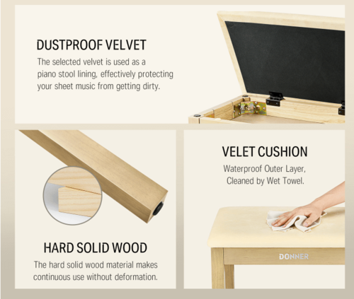 כסא פסנתר DKB10 בצבע חום בהיר EC6749 עם מושב קטיפה כולל תא איחסון מבית DONNER