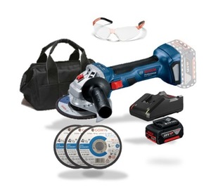 סט משחזת זווית בראשלס “5 (125 מ”מ) BOSCH GWS 180-LI 18V + סוללה 5Ah + מטען + תיק + משקפי מגן + מארז דיסק חיתוך 