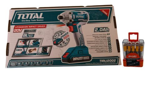 מארז של מברגת אימפקט TOTAL 20V כולל זוג סוללות ומטען מהיר ו-10 יחידות ביט פיליפס מגנטי מיוחד לברגים ובמיוחד לבורג גבס
