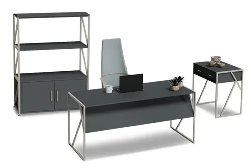סט שולחן משרדי WAW רוחב 160 ס``מ + ארונית צדדית + כוננית Line 023 - גוון אפור כהה