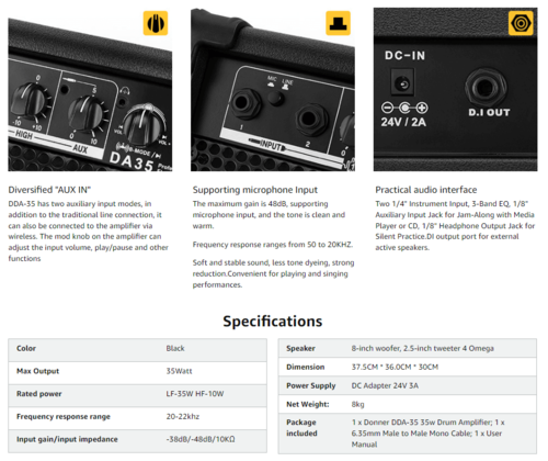 מגבר לתופים אלקטרוניים 35W כולל טוויטר DDA35 EC1709 מבית DONNER