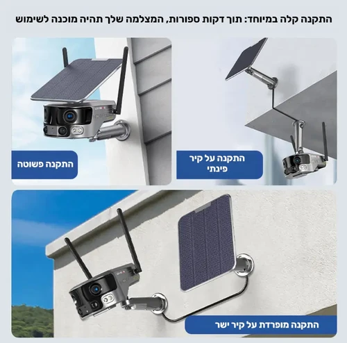 אפשרויות התקנה של מצלמה סולארית עם עדשה פנורמית 180° דגם LSMS2 4G יצרן NEWTEC