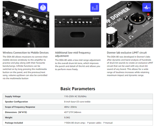 מגבר EC1738 לתופים אלקטרוניים 80W עם חיבור בלוטוס DDA80 מבית DONNER