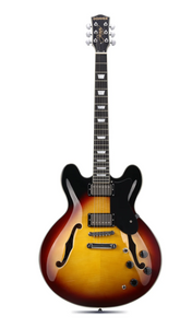 גיטרה ג'אז DJP-1000 נפח חצי חלולה Semi-Hollow Electric Guitar בצבע סאנברסט מבית DONNER