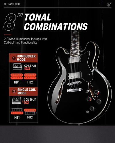 גיטרה ג'אז DJP-1000 נפח חצי חלולה Semi-Hollow Electric Guitar בצבע שחור מבית DONNER