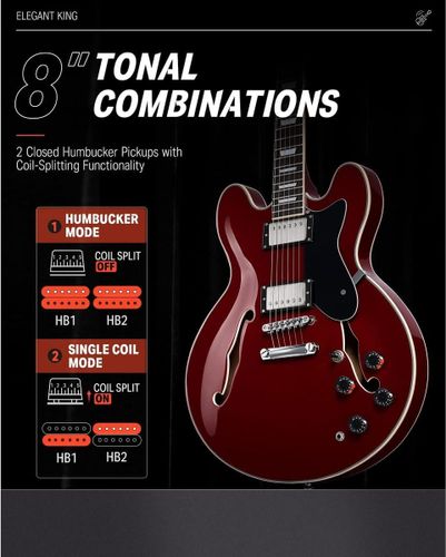 גיטרה ג'אז DJP-1000 נפח חצי חלולה Semi-Hollow Electric Guitar בצבע דובדבן מבית DONNER