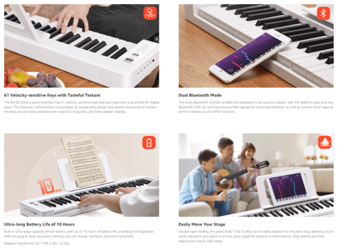 פסנתר חשמלי מתקפל נטען 61 קלידים DP06 עם אלמנט הטאץ' + חיבור BLUETOOTH כולל תיק ופדל ססטיין EC6633 מבית DONNER