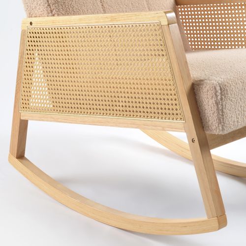 כורסת הנקה מתנדנדת ראטן עם הדום ובד בוקלה רך ונעים למגע - עץ טבעי / חול