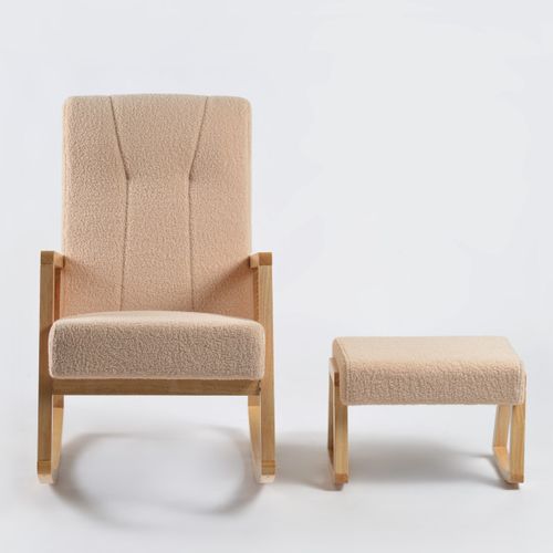 כורסת הנקה מתנדנדת ראטן עם הדום ובד בוקלה רך ונעים למגע - עץ טבעי / שמנת