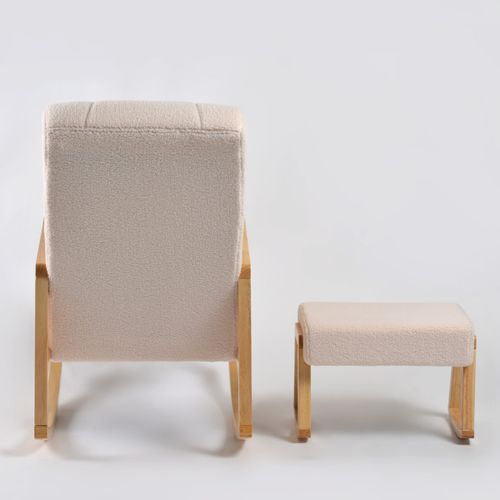 כורסת הנקה מתנדנדת ראטן עם הדום ובד בוקלה רך ונעים למגע - עץ טבעי / שמנת