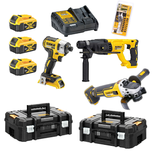 סט DEWALT מקצועי: פטישון DCH133N, משחזת DCG405N, אימפקט DCF887N, 3 סוללות 18V 5Ah, מטען DCB115, ארגזי TSTAK, וסט פיטים N639701