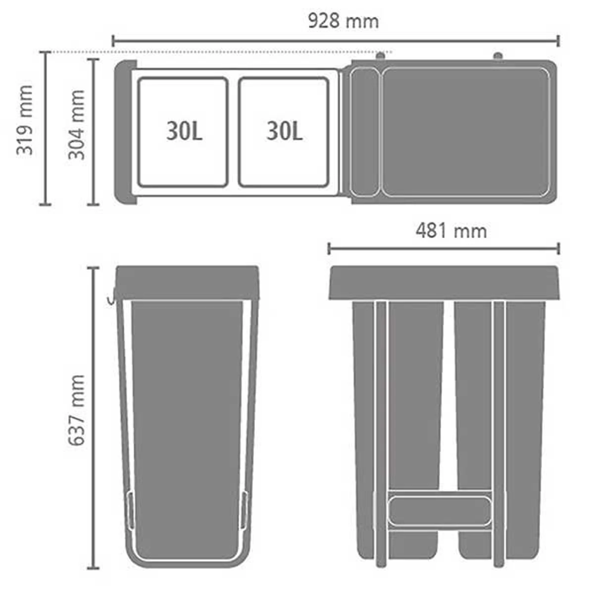 שרטוט מידות צמד פחי הפרדה SORT GO Brabantia 2X30 ליטר
