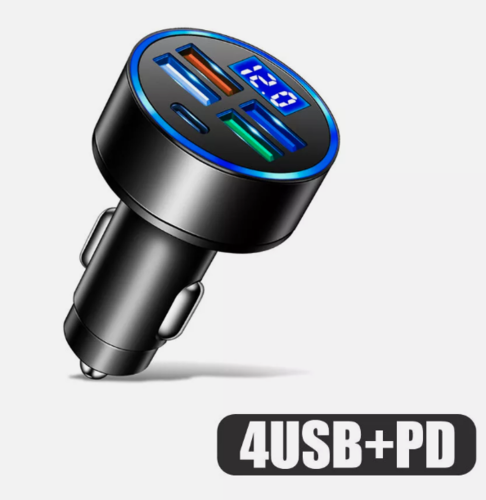 מטען מהיר לרכב, 4 שקעי USB+שקע USB-C עם תצוגת טעינה