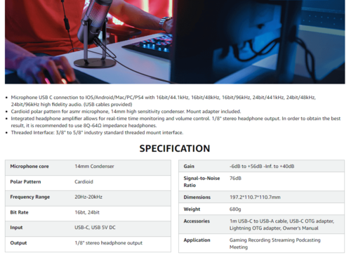 מיקרופון קונדנסר USB לגיימינג EC2812 ומגוון שימושים NEOTRACK LX עם אורות מבית DONNER