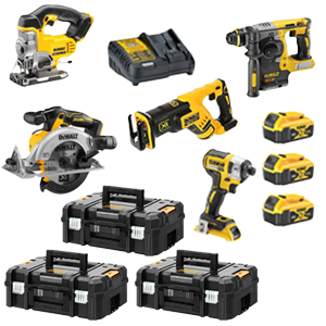 סט מקצועי מבית DeWalt: אימפקט DCF88N, משור אנכי DCS331N, משור עגול DCD565N, משור חרב DCS367N, פטישון DCH273N, סוללות 5A, מטען, ו-3 ארגזי מתנה
