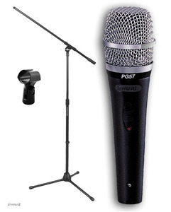 מיקרופון SHURE PG57 אינסטרומנטלי רב-תכליתי לכלי נגינה+סטנד ומחזיק קשיח למיקרופון.