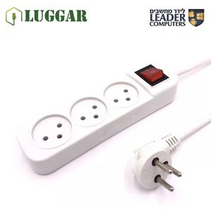 כבל חשמל רב שקע עם 3 שקעים ומאריך 3 מטר עם מפסק Luggar