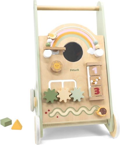 הליכון מעוצב מעץ מלא עם חרוזים, גלגלי שיניים מסתובבים, קוביות ומגוון פעילויות