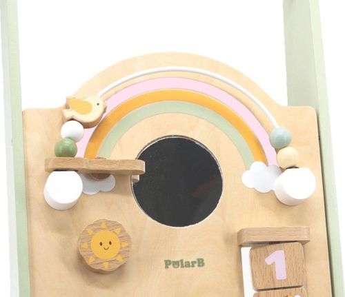 הליכון מעוצב מעץ מלא עם חרוזים, גלגלי שיניים מסתובבים, קוביות ומגוון פעילויות