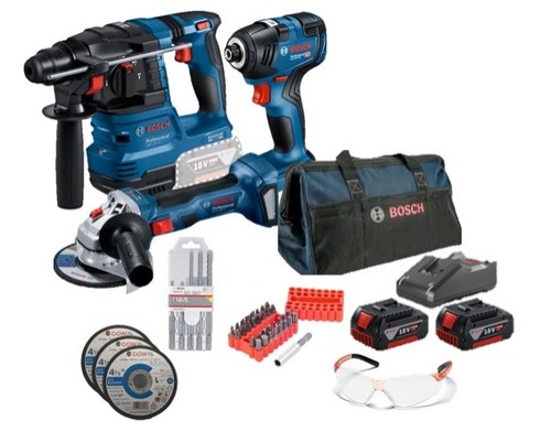 סט נטען  פטישון + מברגת אימפקט + משחזת זווית 5' + אביזרים לכלים  BOSCH 