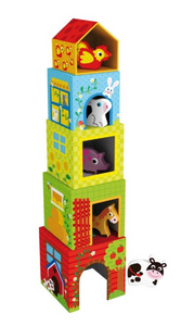 מגדל קוביות קרטון עם דמויות חווה מעץ 10 חלקים