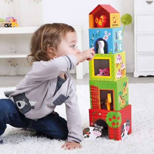 מגדל קוביות קרטון עם דמויות חווה מעץ 10 חלקים