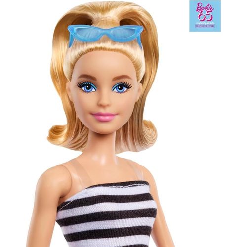 בובת ברבי בחליפת פסים שחור/לבן וחצאית ורודה