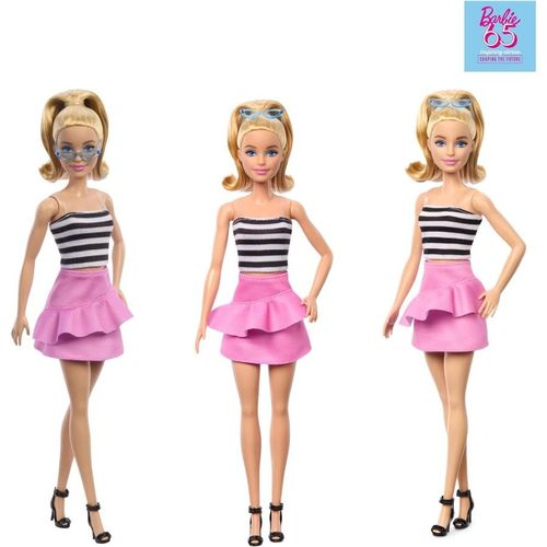 בובת ברבי בחליפת פסים שחור/לבן וחצאית ורודה