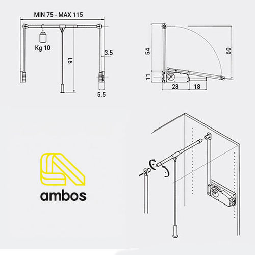 מנגנון תליה גבוה עם וו נשלף לארון בגדים, LIFT500
