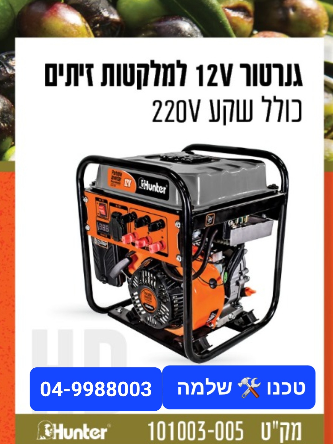 גנרטור למנערת זיתים ל 3 מנערות 12V כולל שקע 220V הנטר