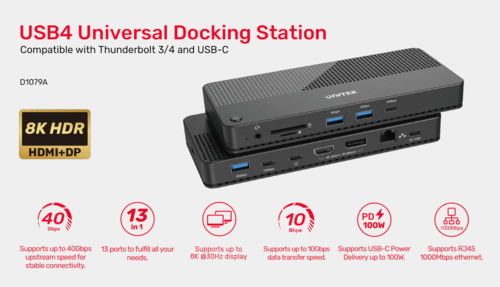 תחנת עגינה אוניברסלית UNITEK D1079A USB4 8K Multi-Port Hub 13 in 1   