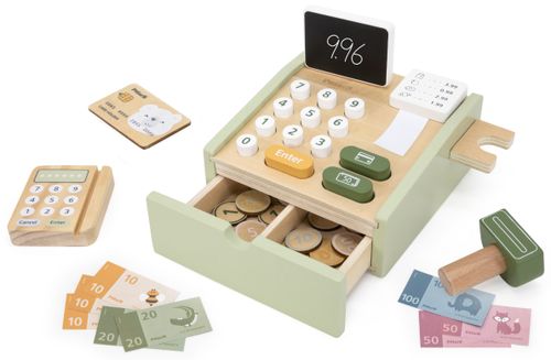 קופה רושמת מעץ מלא עם מגירה נשלפת, מקשים, מטבעות, שטרות ומגוון אביזרים