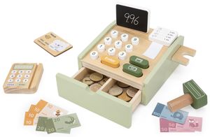 קופה רושמת מעץ מלא עם מגירה נשלפת, מקשים, מטבעות, שטרות ומגוון אביזרים