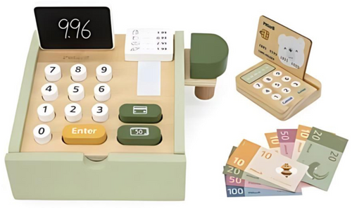 קופה רושמת מעץ מלא עם מגירה נשלפת, מקשים, מטבעות, שטרות ומגוון אביזרים