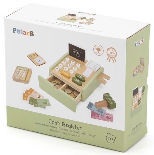 קופה רושמת מעץ מלא עם מגירה נשלפת, מקשים, מטבעות, שטרות ומגוון אביזרים