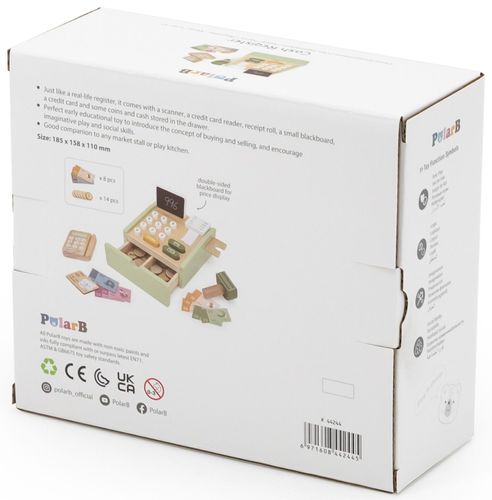 קופה רושמת מעץ מלא עם מגירה נשלפת, מקשים, מטבעות, שטרות ומגוון אביזרים